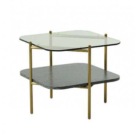 Homeroots 20 in. Glass & Metal Square End Table with Shelf Gold & Clear 487355